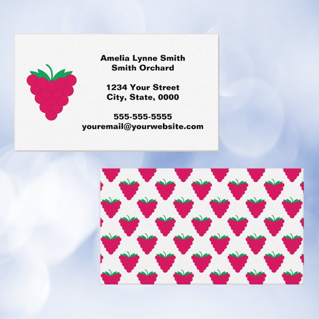 Raspberry Berry Fruit Pink Personalize Business Card (A business card with a raspberry theme and text you can personalize.)