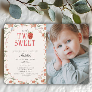 Raspberry Berry Two Sweet 2nd Photo Girl Birthday  Invitation