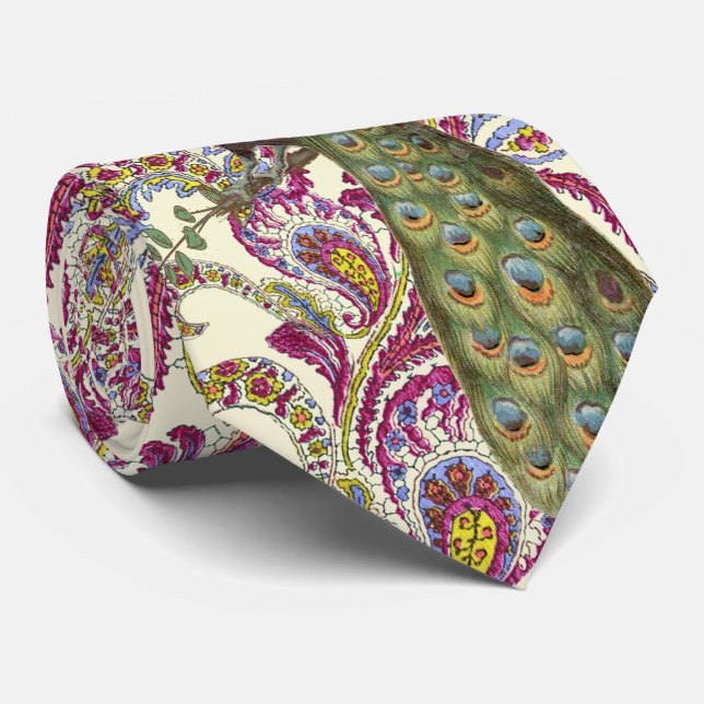 Raspberry Blue Pink Green Paisley Peacock Tie (Rolled)