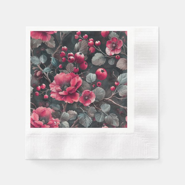 Raspberry, burgundy flowers on dark gray napkin (Front)