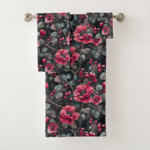 Raspberry, burgundy flowers on dark grey bath towel set
