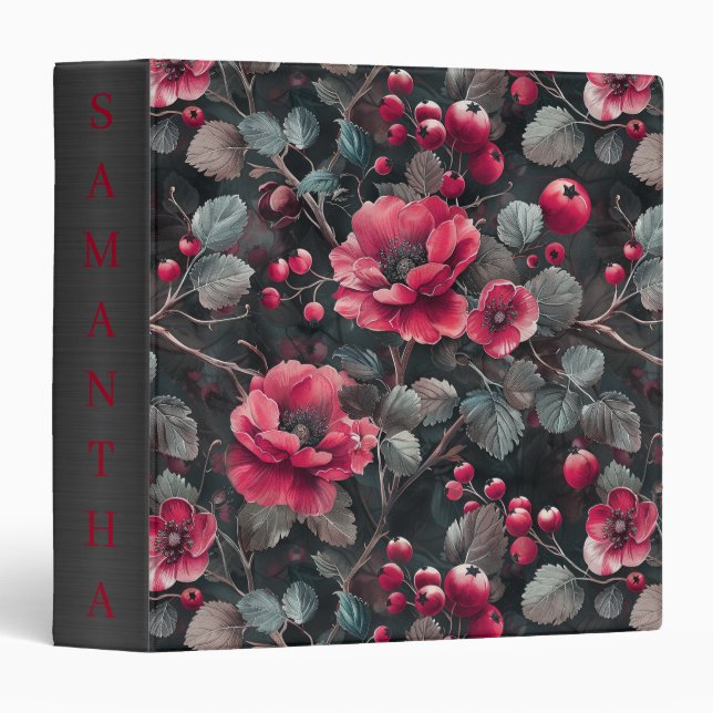 Raspberry, burgundy flowers on dark grey binder (Front/Spine)