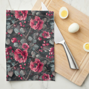 Raspberry, burgundy flowers on dark grey kitchen towel