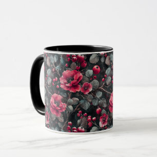Raspberry, burgundy flowers on dark grey mug