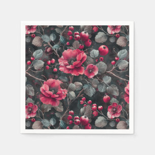 Raspberry, burgundy flowers on dark grey napkin