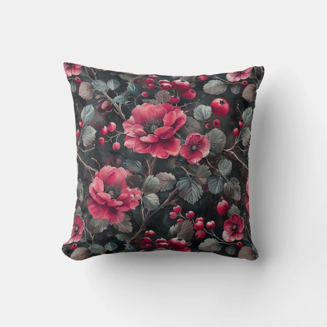 Raspberry, burgundy flowers on dark grey throw pillow (Front)