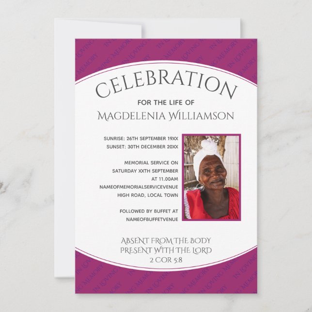 Raspberry CELEBRATION OF LIFE Photo Funeral Invitation (Front)