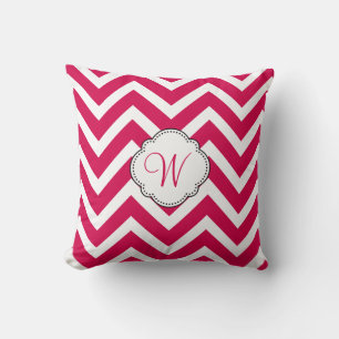 Raspberry Chevron Stripes with Custom Monogram Throw Pillow