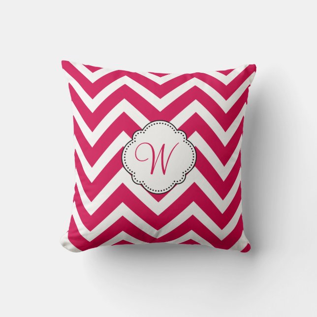 Raspberry Chevron Stripes with Custom Monogram Throw Pillow (Front)