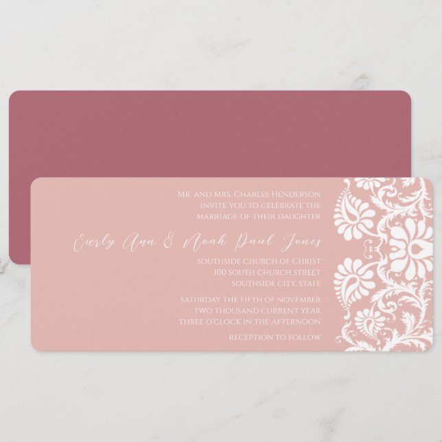 Raspberry Damask Swirls Wedding Invitation (Front/Back)