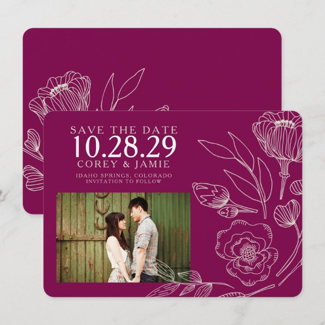 Raspberry Elegant Floral Wedding Save The Date (Front/Back)