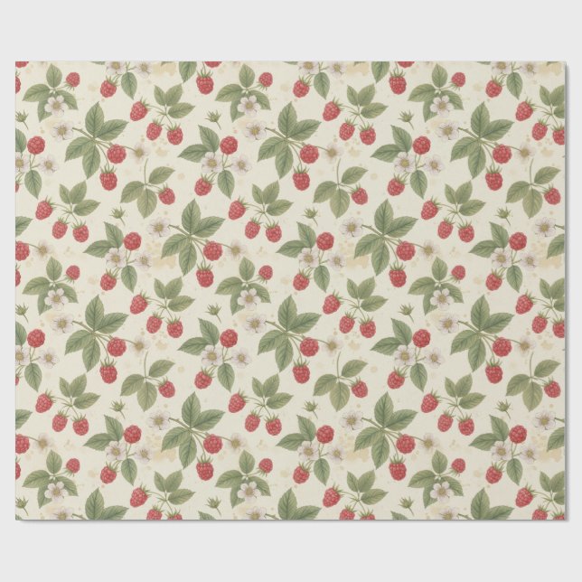 Raspberry Fruit Bunches with Leaves and Blossom  Wrapping Paper (Flat)