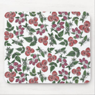 Raspberry Fruit Leaves Illustration Pattern Mouse Pad