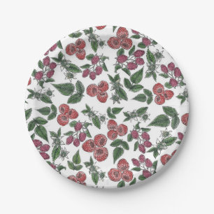 Raspberry Fruit Leaves Illustration Pattern Paper Plate