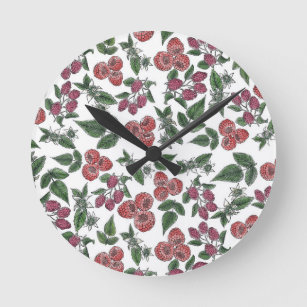 Raspberry Fruit Leaves Illustration Pattern Round Clock