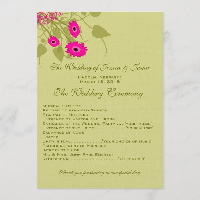 Raspberry Gerbers Wedding Program (Front)
