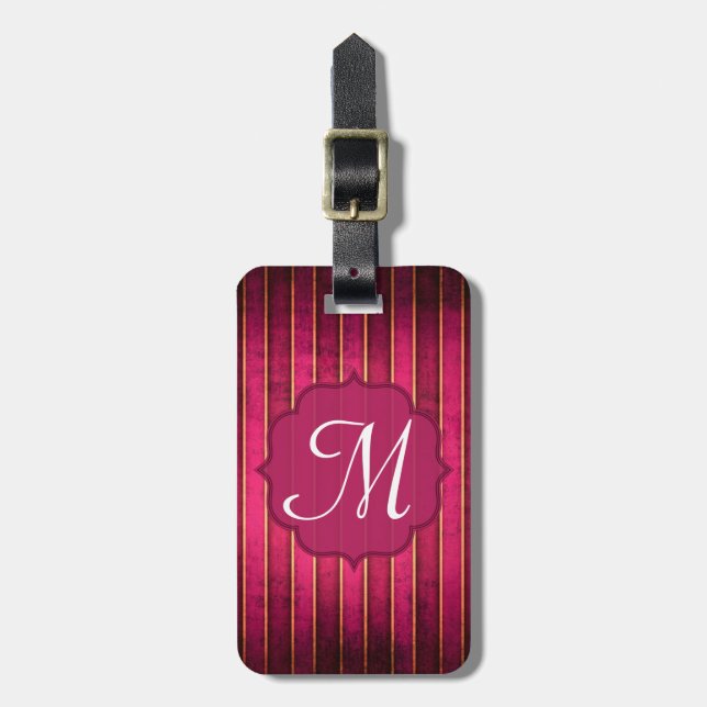 Raspberry Gold Stripe Modern Monogram Luggage Tag (Front Vertical)