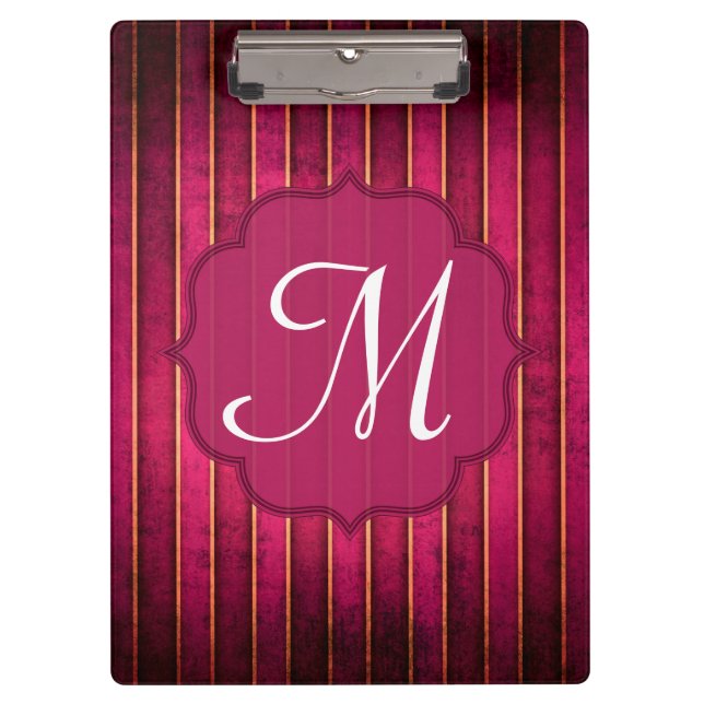 Raspberry Gold Stripe Monogram Initial Clip Board (Front)