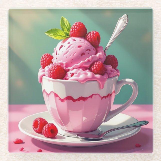Raspberry Ice Cream in a Pink Coffee Cup Glass Coaster (Front)