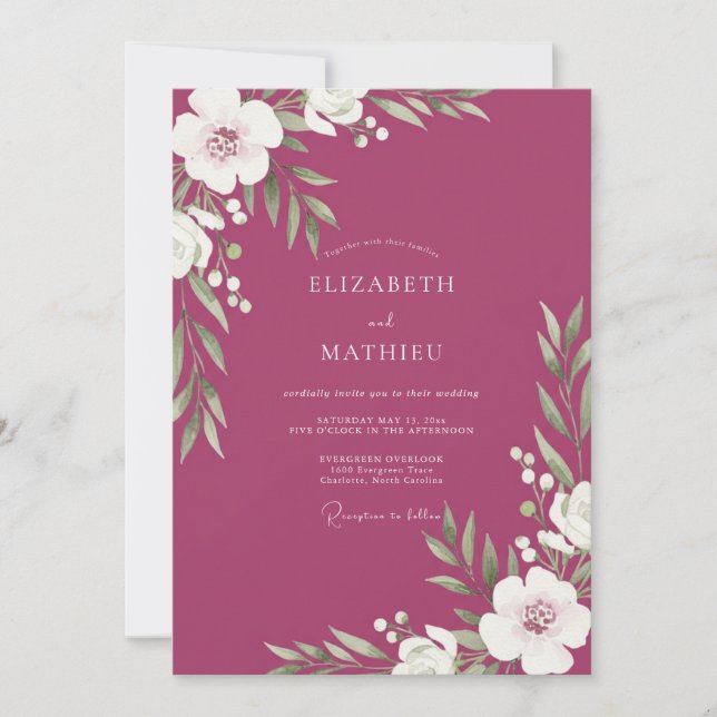 Raspberry Leafy Wedding Invitation (Front)