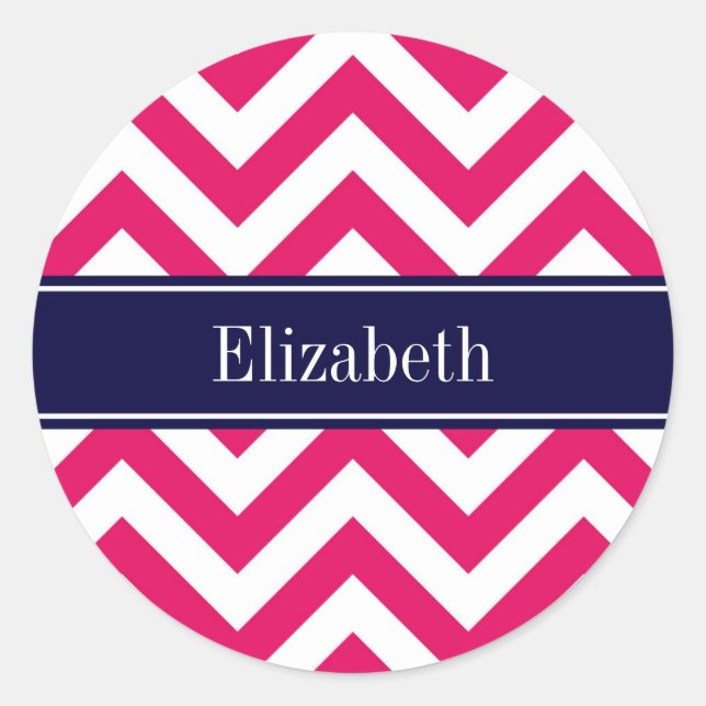 Raspberry Lg Chevron Navy Blue Name Monogram Classic Round Sticker (Front)