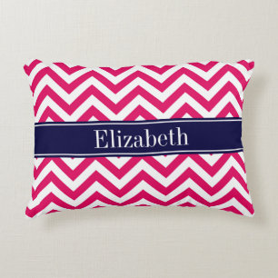 Raspberry Lg Chevron Navy Blue Name Monogram Decorative Pillow