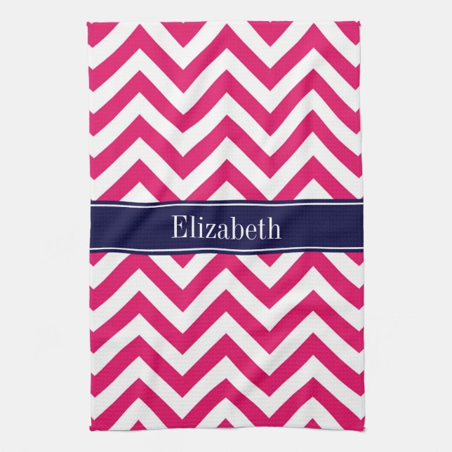 Raspberry Lg Chevron Navy Blue Name Monogram Kitchen Towel (Vertical)