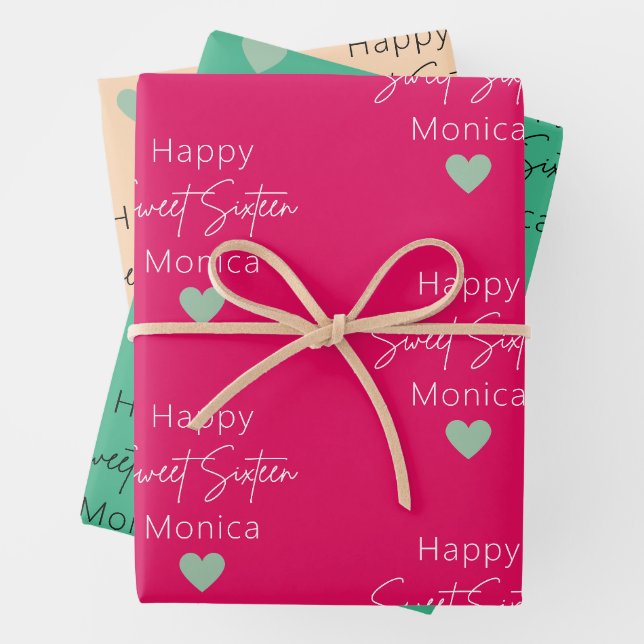 Raspberry, Mint, Sweet 16 Personalized Birthday Wrapping Paper Sheet (In situ)