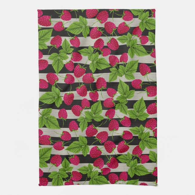Raspberry Modern Black & White Stripes Kitchen Towel (Vertical)