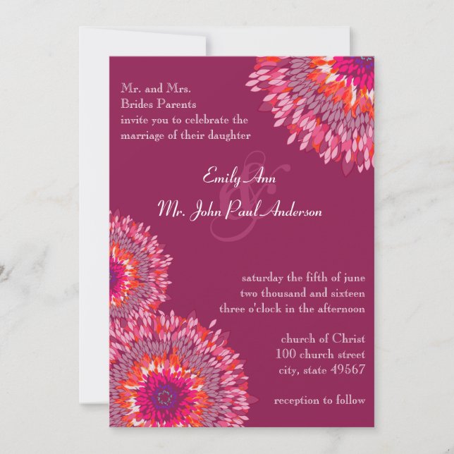Raspberry Modern Flowers Wedding Invites (Front)