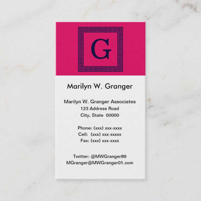 Raspberry, Navy Blue Greek Key #1 Framed Monogram Business Card (Front)