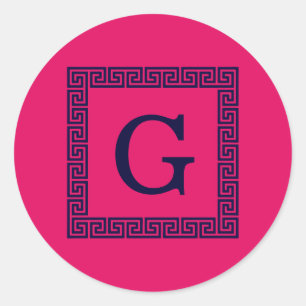 Raspberry, Navy Blue Greek Key #1 Framed Monogram Classic Round Sticker