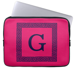 Raspberry, Navy Blue Greek Key #1 Framed Monogram Laptop Sleeve