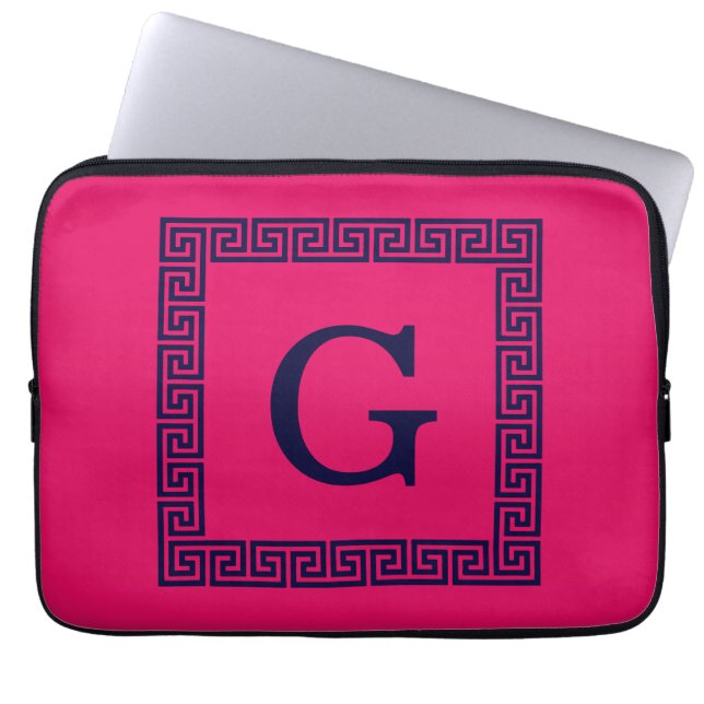 Raspberry, Navy Blue Greek Key #1 Framed Monogram Laptop Sleeve (Front)