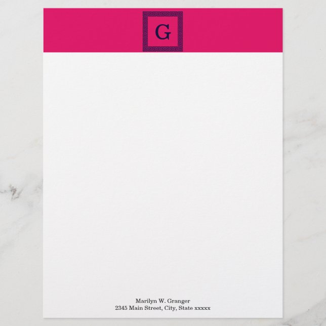Raspberry, Navy Blue Greek Key #1 Framed Monogram Letterhead (Front)