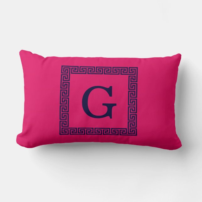 Raspberry, Navy Blue Greek Key #1 Framed Monogram Lumbar Pillow (Front)