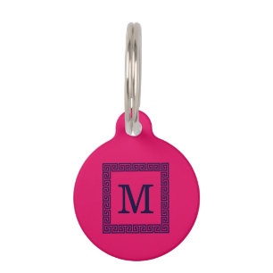 Raspberry, Navy Blue Greek Key #1 Framed Monogram Pet Tag