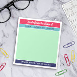 Raspberry Navy Mint A Note From the Mom of<br><div class="desc">Colorblock notepad for back to school with a note from mom of [your children's names] at the top and your name and phone number at the bottom in a combination of a retro script and a timeless sans serif font with colorblocks of raspberry red, turquoise, mint green, and navy blue...</div>