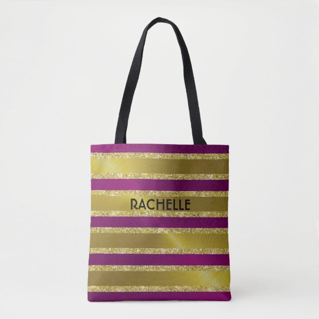 Raspberry Pink and Gold Glitter Stripes with Name Tote Bag (Front)