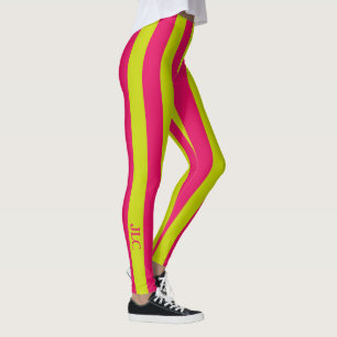 Raspberry Pink and Lime Green Stripe Monogram Leggings