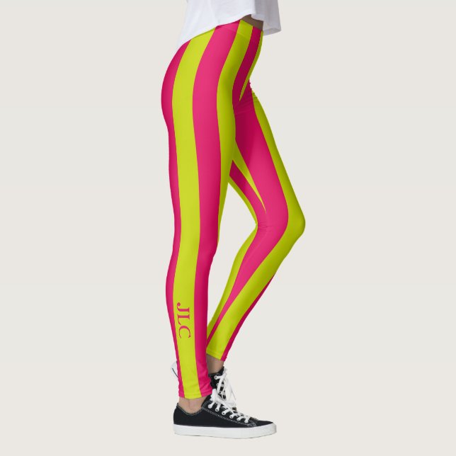 Raspberry Pink and Lime Green Stripe Monogram Leggings (Right)