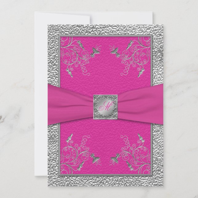 Raspberry Pink and Pewter Monogrammed Invitation (Front)