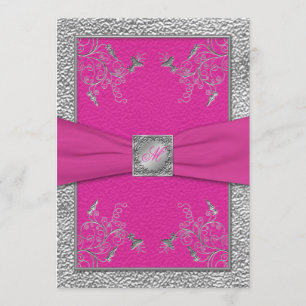 Raspberry Pink and Pewter Monogrammed Invitation