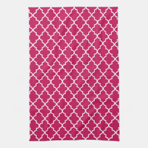 Raspberry Pink and White Moroccan Quatrefoil Kitchen Towel
