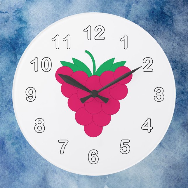 Raspberry Pink Berry Fruit with Numbers Large Clock (A clock with a graphic of a pink raspberry and white numbers with a black outline.)