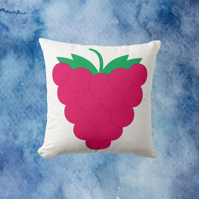 Raspberry Pink Fruit Berry  Throw Pillow (A throw pillow with a graphic of a pink raspberry with a green stem.)