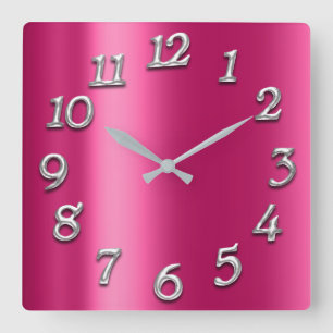 Raspberry Pink Metallic Minimal Silver Fuchsia Square Wall Clock