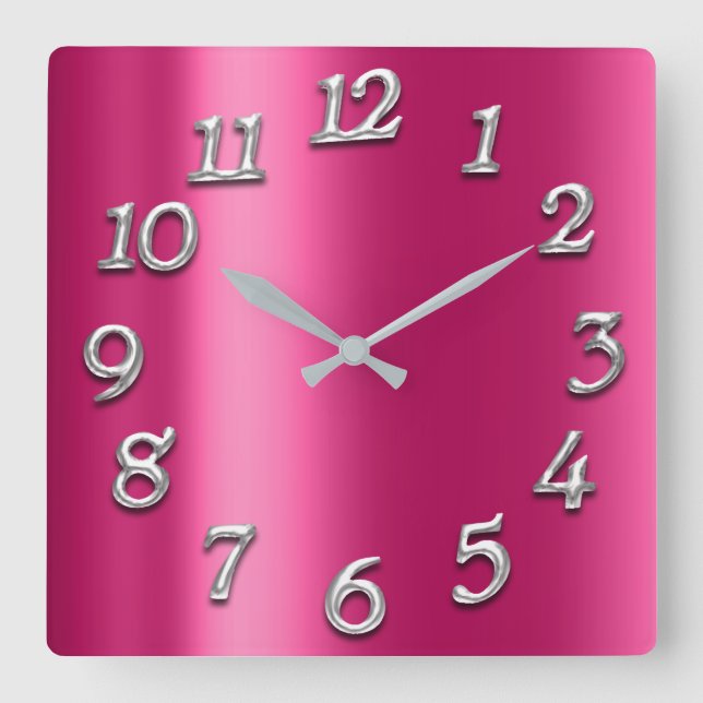 Raspberry Pink Metallic Minimal Silver Fuchsia Square Wall Clock (Front)
