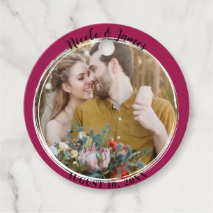 Raspberry Pink Minimal Trendy Round Photo Wedding Favour Tags