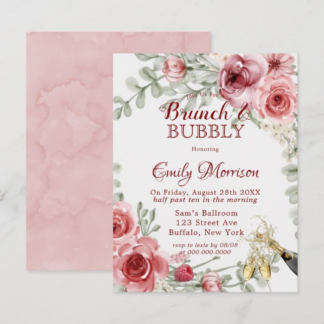 Raspberry Pink Peony Champagne Brunch & Bubbly Inv Invitation (Front/Back)